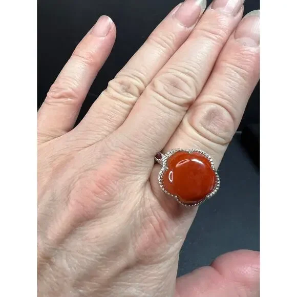 NEW cherry red jade and ruby blossom ring in rhodium over sterling silver size 9
